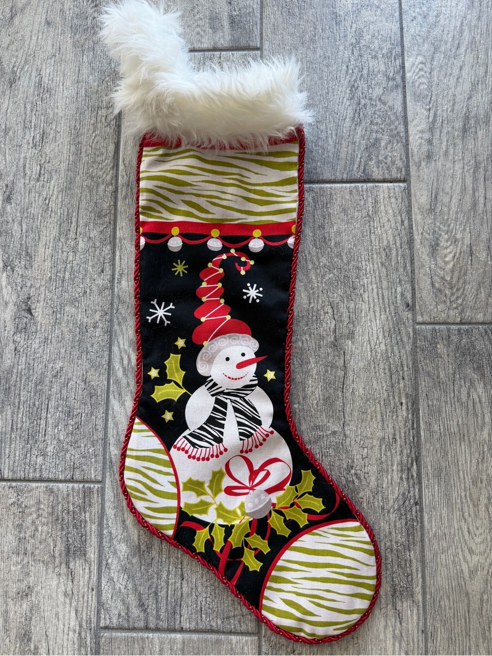 New Handmade Holiday Snowman Christmas Stocking with White Faux Fur Cuff